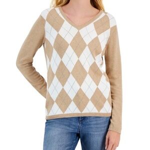 Tommy Hilfiger Women's Cotton Ivy Argyle V-Neck Preppy Sweater M